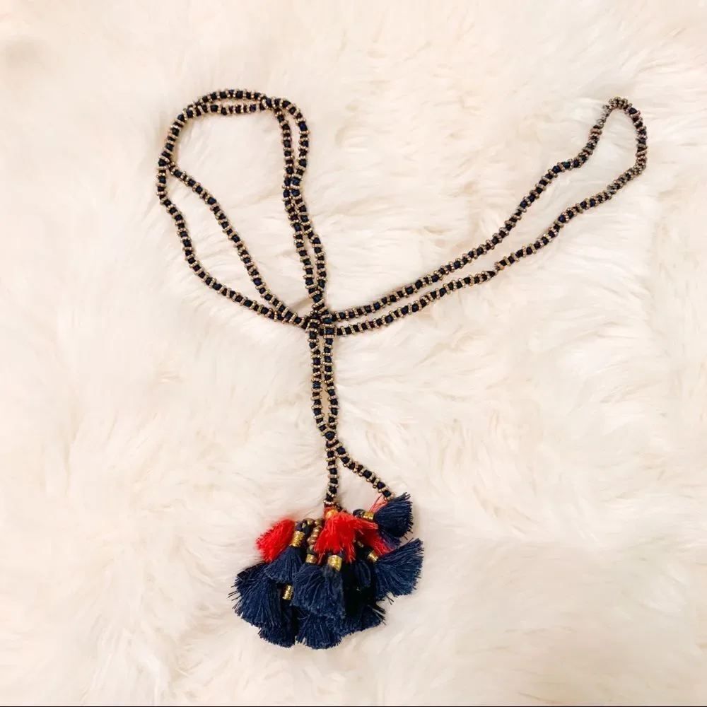 Red and Blue Long Tassel Necklace